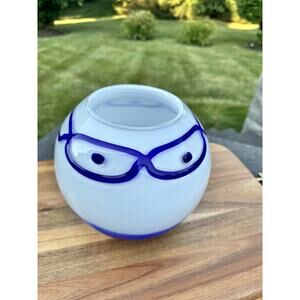 Mid Century Modern Murano Glass Bowl Blue & White 7.5” Heavy Art Glass Vase
